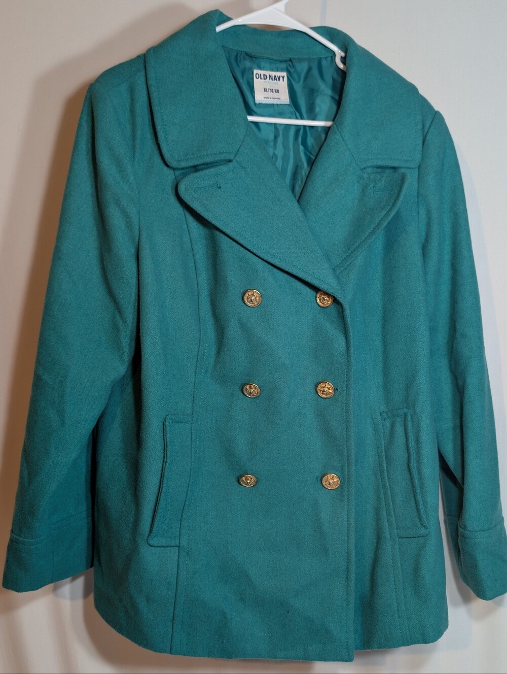 Old Navy Y2K Double Breasted Wool Blend Pea Coat Green Teal Gold Button XL